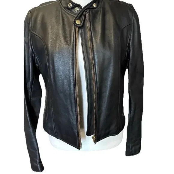 Vintage Womens Black Leather Moto Jacket Fur Lined Biker 12 Vtg Zip Liner - Picture 3 of 16